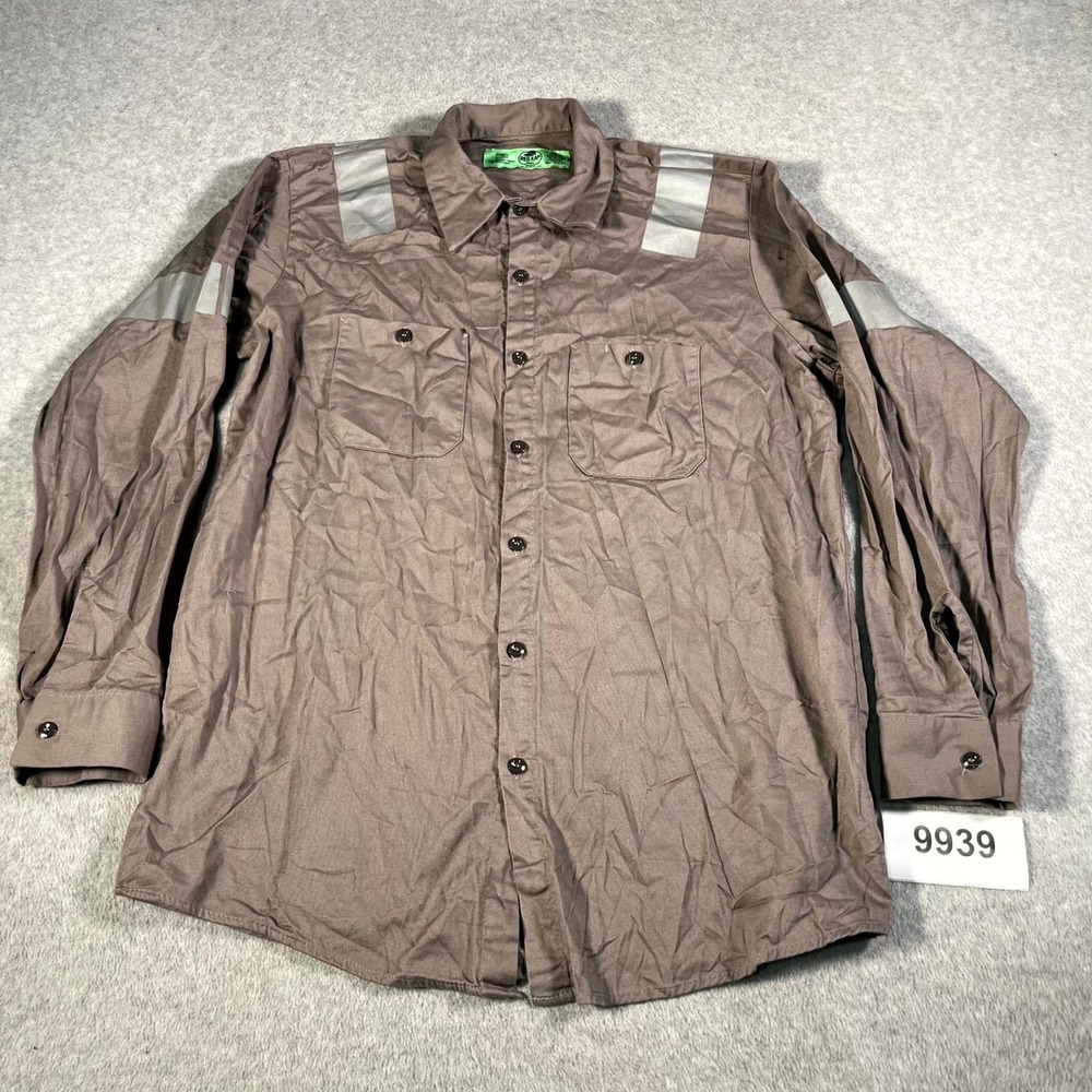 Red Kap Enhanced Visibility Shirt Mens L Brown Striped Button Up Cotton Workwear